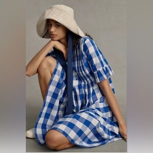 Blue and White Checkered Dress with Hat